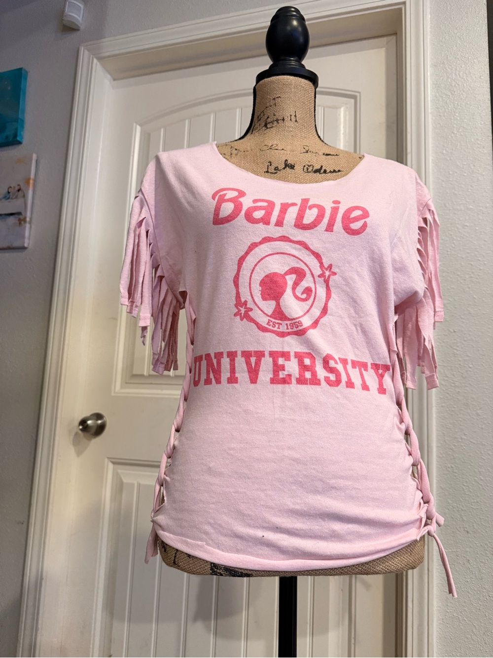 Barbie Pink Side-Lace Fringe Short Sleeve Tee
